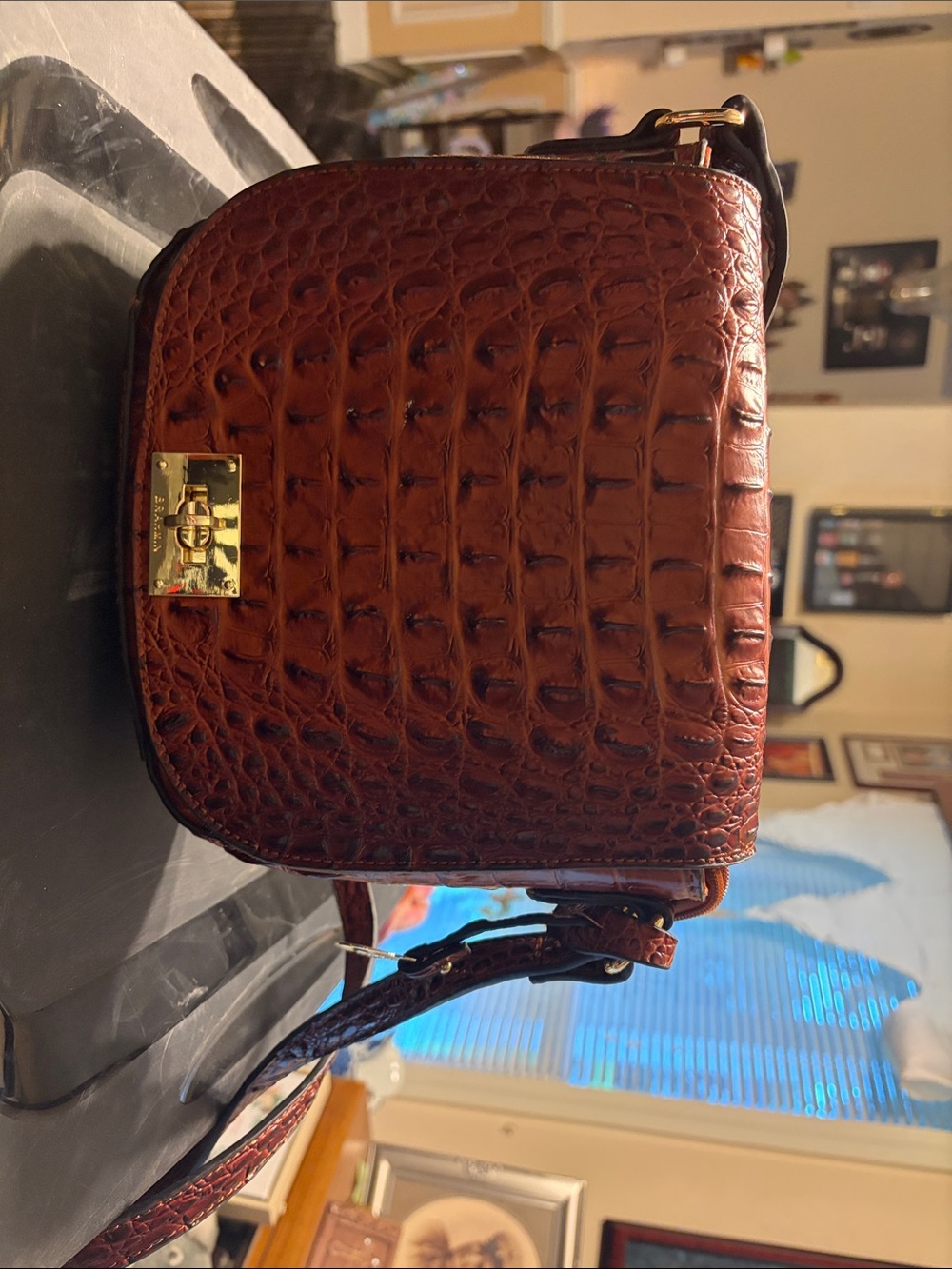 Brahmin Croc-Embossed Chestnut Leather Shoulder Bag with Gold Hardware
